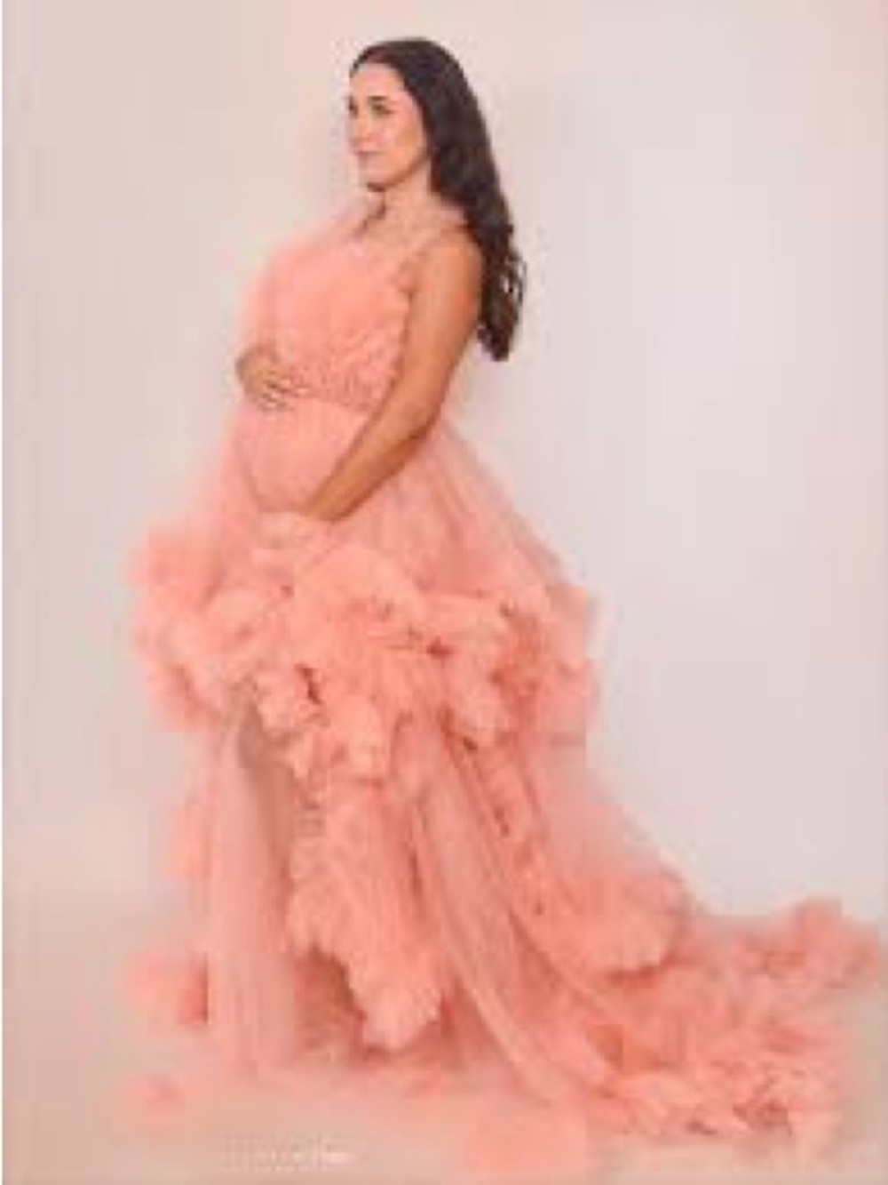Peach Tulle Maternity Gown S /M Baby Shower Photoshoot Dress Ruffle Lace Up Back - Picture 2 of 10